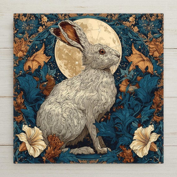 William Morris Moonlight Hare Ceramic Art Tile: Celestial Wall Decor Art Nouveau Vintage Art Traditional Home Decor Bookshelf