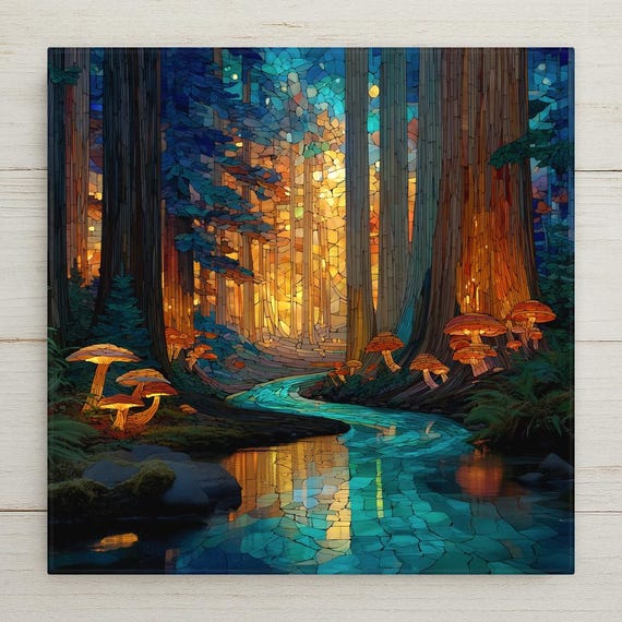 Redwood Forest Ceramic Tile Art in Stained Glass Style – Enchanted Woods Creek Scene Wall Art for Rustic Wall Decor and Cozy Home Decor