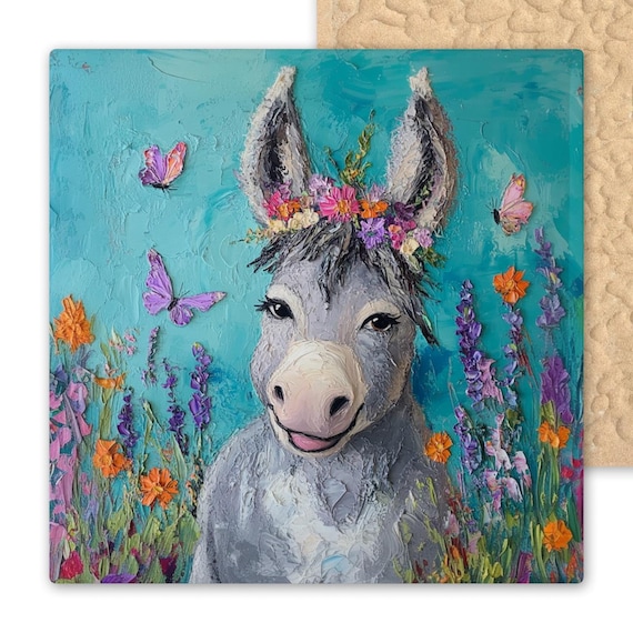 Whimsical Floral Crown Donkey Ceramic Tile - Handmade Farm Animal Wall Art for Country Home Decor