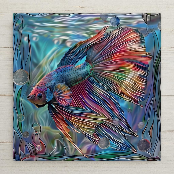 Handcrafted Betta Fish Ceramic Tile Art - Colorful Aquatic Wall Decor for Tropical Spa Bathroom