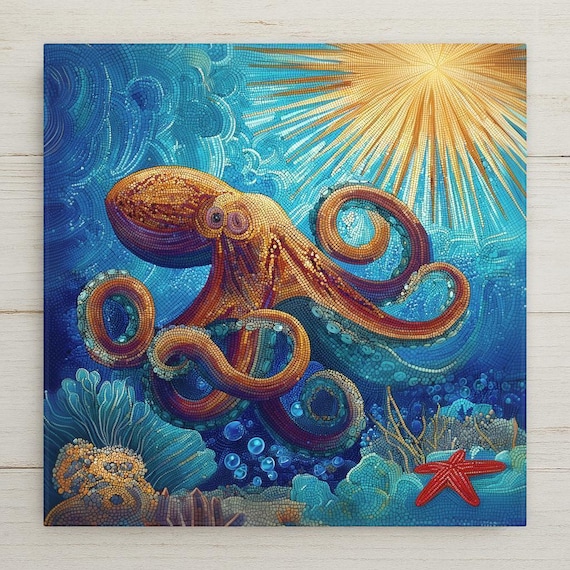 Octopus Ceramic Tile Wall Art - Stained Glass Style Ocean Decor, Nautical Home Coastal Sea Life Marine Gift