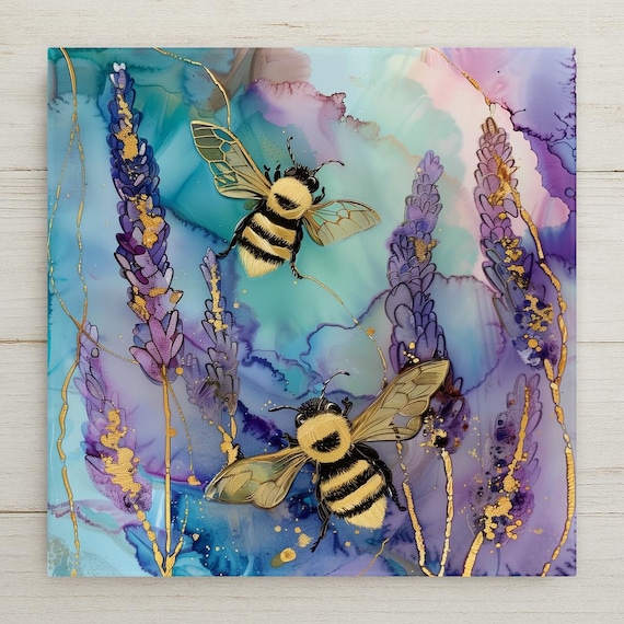 Lavender Bee Wall Art Ceramic Tile Botanical Wall Decor Farmhouse Decor Purple Floral Tile Nature Lover Gift Honey Bee Art Home Decor