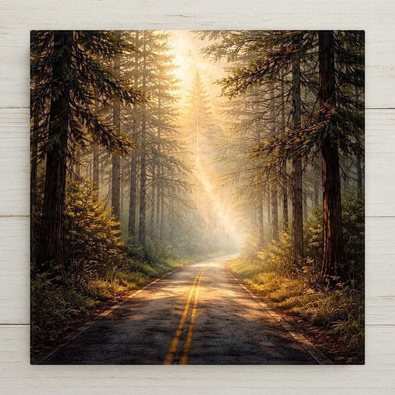 Forest Path Landscape Wall Art Ceramic Tile – Sunlit Woodland Road, Nature Inspired Home Decor