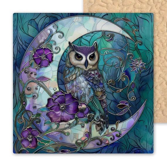 Moon Owl Ceramic Tile Art - Stained Glass Style Wall Decor with Purple Flowers and Crescent Moon - Whimsical Night Nature Art for Home