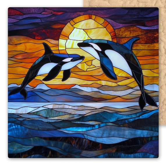 Stained Glass Style Orca Ceramic Tile Art - Jumping Killer Whales at Sunset Ocean Scene Wall Decor