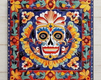 Sugar Skull Ceramic Tile Wall Art | Day of the Dead Decor | Dia de los Muertos | Mexican Folk Art Patterned Tile