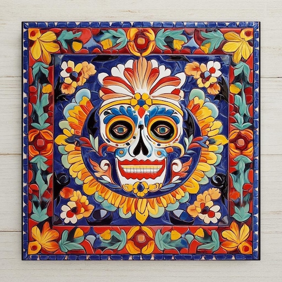 Vibrant Mexican Talavera Ceramic Skull Tile - Day of the Dead Wall Art for Southwest Home Decor Housewarming Gift For