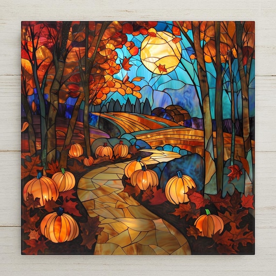 Autumn Harvest Moon Ceramic Tile Art: Stained Glass Style Pumpkin Path