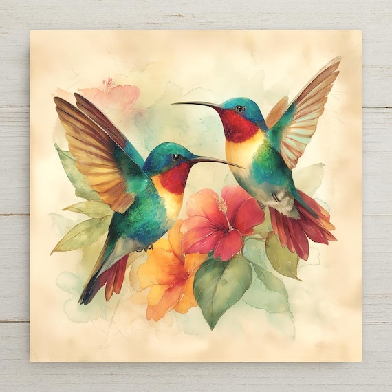 Hummingbird Pair Ceramic Art Tile: Colorful Wall Decor Anniversary Gift Bird Lover Floral Home Decor Watercolor Bird Art