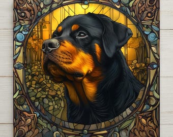 Rottweiler Memorial Stained Glass Style Ceramic Art Tile – Dog Remembrance Rainbow Bridge Wall Decor, Pet Loss Keepsake