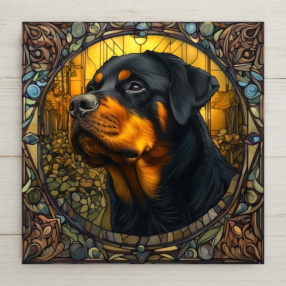 Mucha-Inspired Art Nouveau Rottweiler Ceramic Tile: Elegant Dog Lover Wall Decor for Home or Office