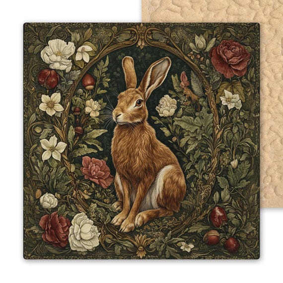 Art Nouveau Ceramic Tile: William Morris Inspired Rabbit Wall Decor - Vintage Woodland Hare Home Accent
