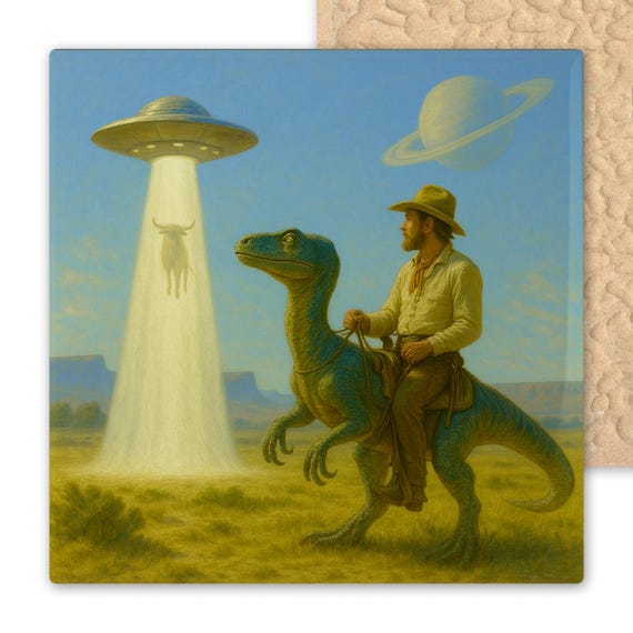 Quirky Velociraptor Cowboy UFO Tile Art: Alien Abduction Western Sci-Fi Ceramic Wall Decor