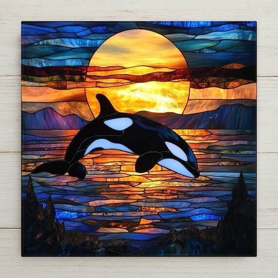 Orca Sunset Tile Art: Coastal Wildlife Decor, Whale Lover Gift