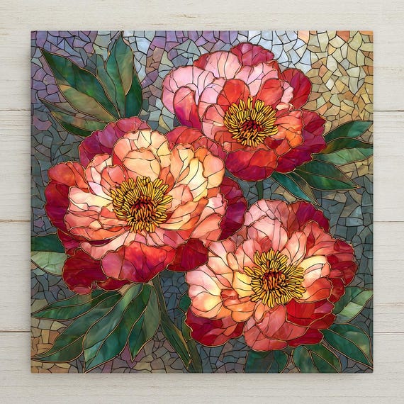Peony Ceramic Tile Wall Art - Stained Glass Style Pink Flower Mosaic Botanical Cottagecore Home Decor Gift