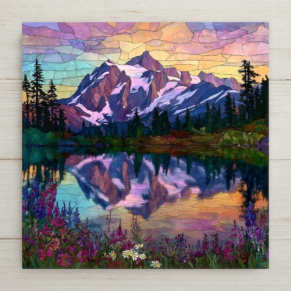 Mt Shuksan Ceramic Tile Wall Art Stained Glass Style Lake Wildflowers Mountain Landscape Decor Gift