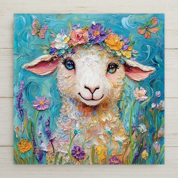 Whimsical Ceramic Lamb Tile with Flower Crown - Colorful Farmhouse Nursery Wall Art Decor