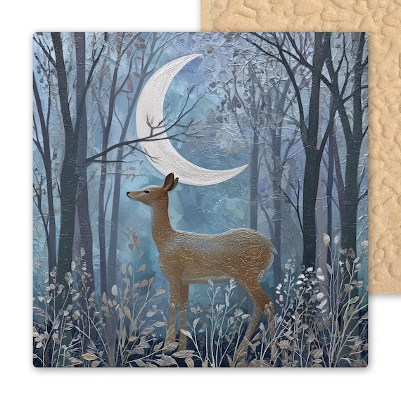 Moonlit Deer Ceramic Tile Art: Blue & Silver Forest Wall Decor for Woodland Cabin Nature Lovers