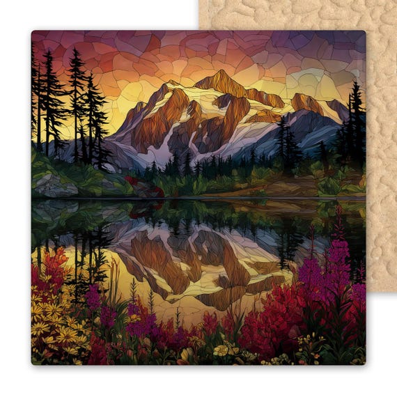 Mt Shuksan Picture Lake Stained Glass Style Ceramic Tile Art – Mountain Sunrise Wall Art with Wildflowers Reflection