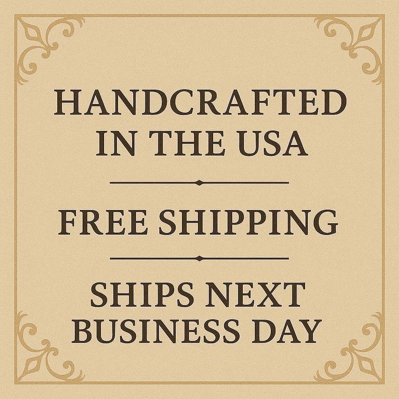 The image is a sign advertising a product, specifically a handmade item, that is free shipping and will be available for business the next day.