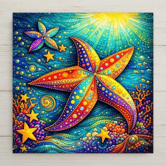 Starfish Ceramic Tile Wall Art – Stained Glass Style Ocean Decor, Coastal Beach Decor, Wall Decor, Home Decor Gift