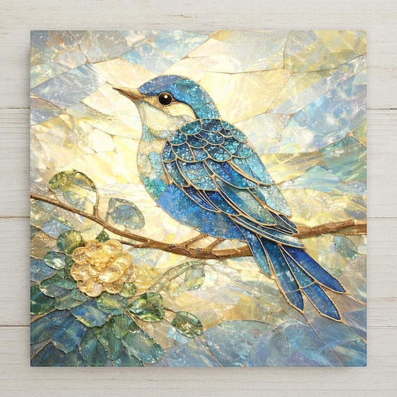 Bluebird Ceramic Tile Wall Art – Stained Glass Style Bird Decor, Nature Wall Decor Home Decor Gift with Blue Bird on Branch