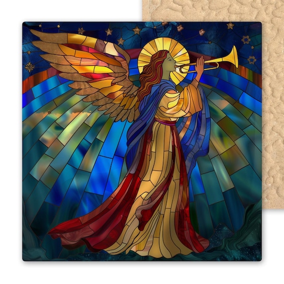 Stained Glass Angel Trumpet Ceramic Tile Wall Art - Spiritual Christmas Decor, Heavenly Holiday Gift Print
