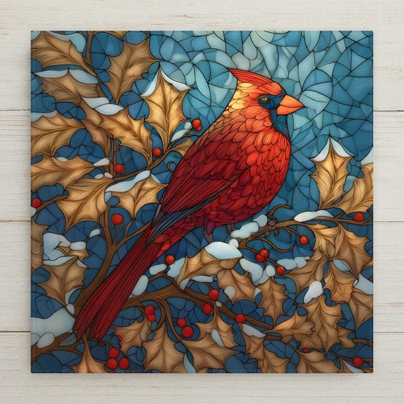 Cardinal Ceramic Tile Wall Art - Stained Glass Red Bird Winter Holiday Nature Woodland Home Decor Gift