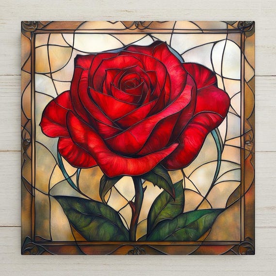 Art Nouveau Red Rose Ceramic Tile: Vintage-Inspired Stained Glass Floral Decor for Home Accents