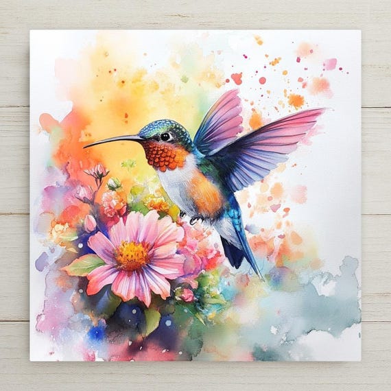 Vibrant Watercolor Hummingbird Ceramic Tile: Floral Wall Art for Nature Lovers