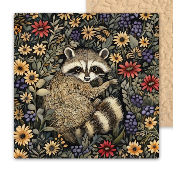 Art Nouveau Woodland Raccoon Ceramic Tile - William Morris Inspired Wall Decor, Floral Trivet Coaster