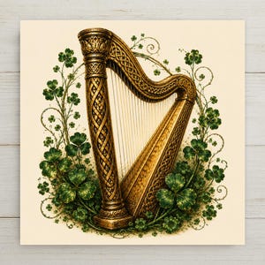 May include: A golden harp featuring intricate Celtic knotwork patterns on its pillar and frame, surrounded by a lush, circular arrangement of green shamrock leaves and delicate vines against a light cream-colored background.
