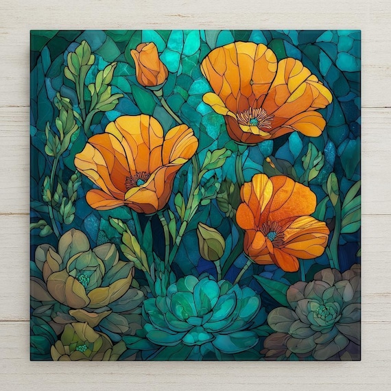 Vibrant California Poppies & Succulents Ceramic Tile - Stained Glass Style Wall Art for Botanical Decor