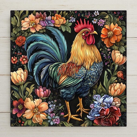 Vibrant Ceramic Rooster Tile Wall Art - Folk Art Farmhouse Wall Decor with Floral Accents Home Decor
