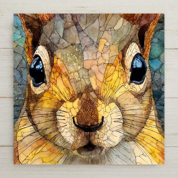 Squirrel Ceramic Tile Wall Art – Stained Glass Wildlife Portrait, Woodland Animal Home Decor, Nature Inspired Wall Art Gift