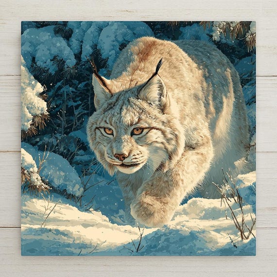 Lynx Wall Art Ceramic Tile Winter Wildlife Gift Snow Forest Decor Wild Cat Nature Art Woodland Cabin Nature Gift