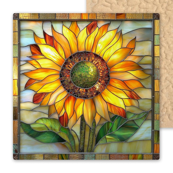 Stained Glass Sunflower Ceramic Tile, Bright Floral Wall Art, Rustic Country Decor, Handmade Nature Gift, Yellow Flower Kitchen Tile