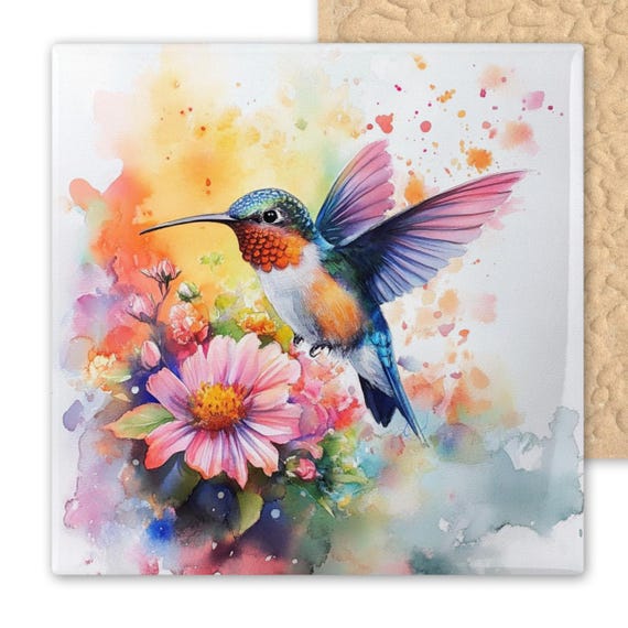 Watercolor Hummingbird Ceramic Tile Art - Floral Wall Decor for Nature Lovers, Kitchen, Garden