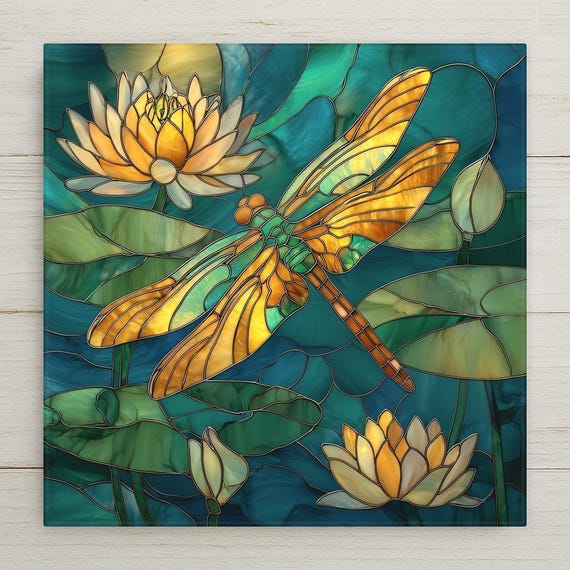 Dragonfly Wall Art Ceramic Tile – Water Lily Pond Decor – Nature Inspired Wall Decor – Botanical Home Decor – Decorative Wall Tile