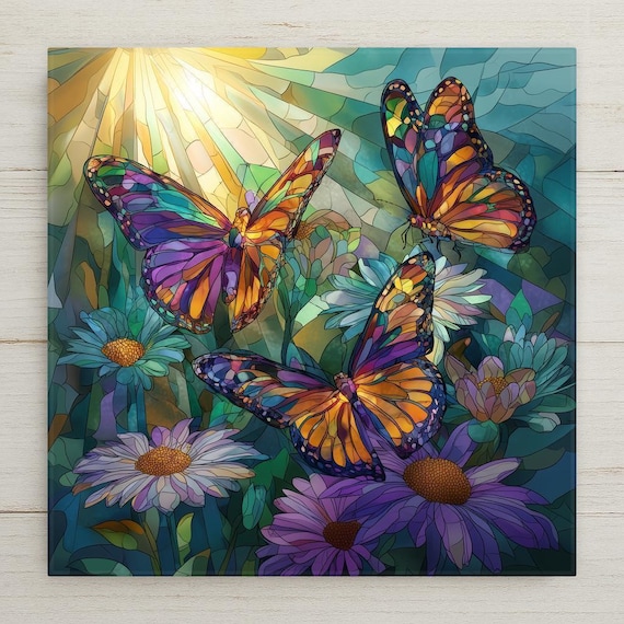 Monarch Butterfly Ceramic Tile Wall Art – Stained Glass Style Butterflies & Wildflowers, Colorful Nature Wall Decor, Home Decor Gift