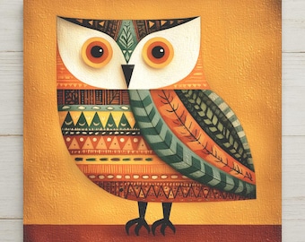 Whimsical Owl Folk Art Ceramic Art Tile: Nature Lover Wall Decor Rustic Home Decor Owl Lover Gift Cottagecore Bird Art