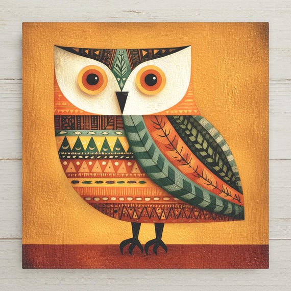 Whimsical Owl Folk Art Ceramic Art Tile: Nature Lover Wall Decor Rustic Home Decor Owl Lover Gift Cottagecore Bird Art