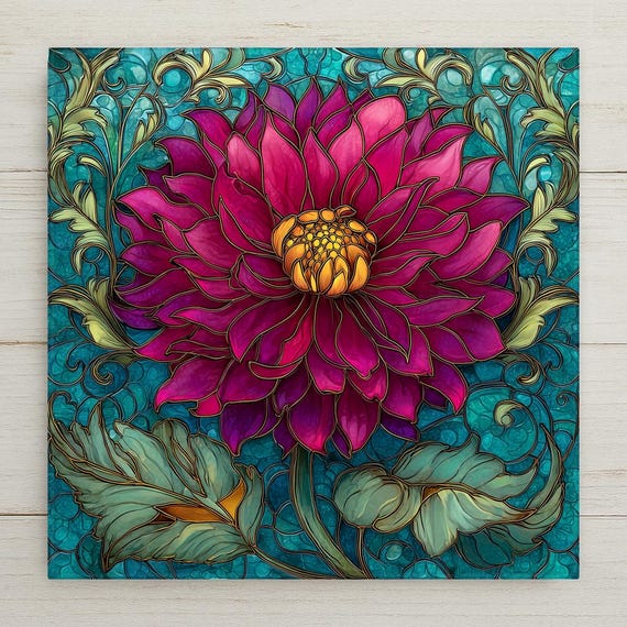 Magenta Dahlia Wall Art Ceramic Tile – Stained Glass Floral Home Decor, Bold Botanical Teal Background Wall Decor