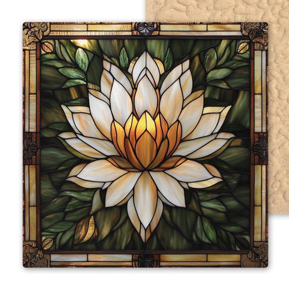 Lotus Flower Ceramic Tile Wall Art - Tiffany Style Stained Glass Look Art Nouveau Floral Decor with Jade Green and Gold Accents
