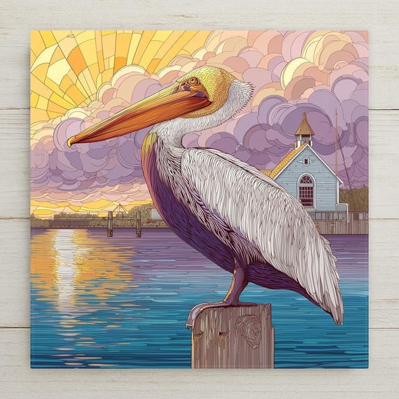 Coastal Pelican Ceramic Tile Wall Art – Sunset Harbor Scene, Nautical Home Decor, Seaside Wildlife Illustration Wall Decor Tile
