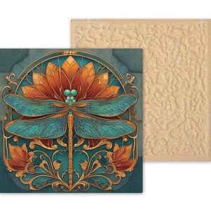 May include: A square coaster featuring a teal dragonfly with intricate wings centered over a large orange flower. The design includes gold filigree accents on a dark teal background. A second plain, beige, textured square coaster is partially visible.