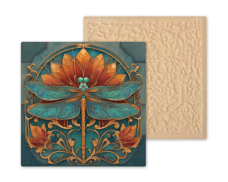 May include: A square coaster featuring a teal dragonfly with intricate wings centered over a large orange flower. The design includes gold filigree accents on a dark teal background. A second plain, beige, textured square coaster is partially visible.