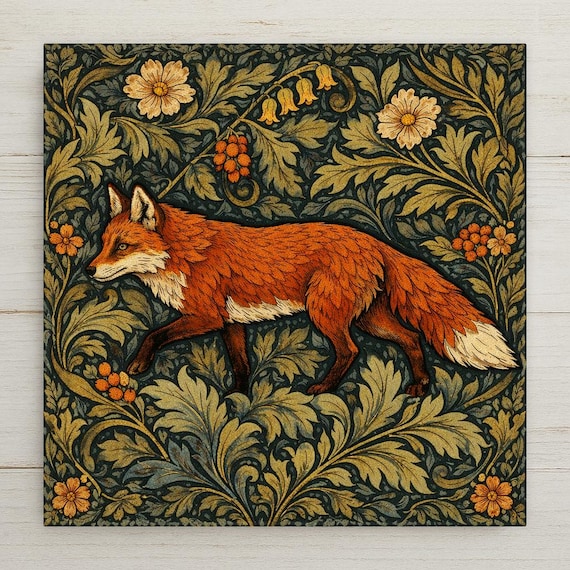 Fox Wall Art Ceramic Tile – William Morris Style Woodland Decor – Arts and Crafts Wall Decor – Cottagecore Home Decor Gift