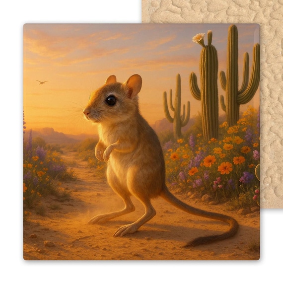 Kangaroo Rat Ceramic Tile: Southwestern Desert Wildlife Wall Decor for Nature Enthusiasts