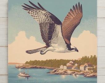 Osprey ceramic art tile in flight over a harbor with wings spread in soft brown, slate blue and golden light.
